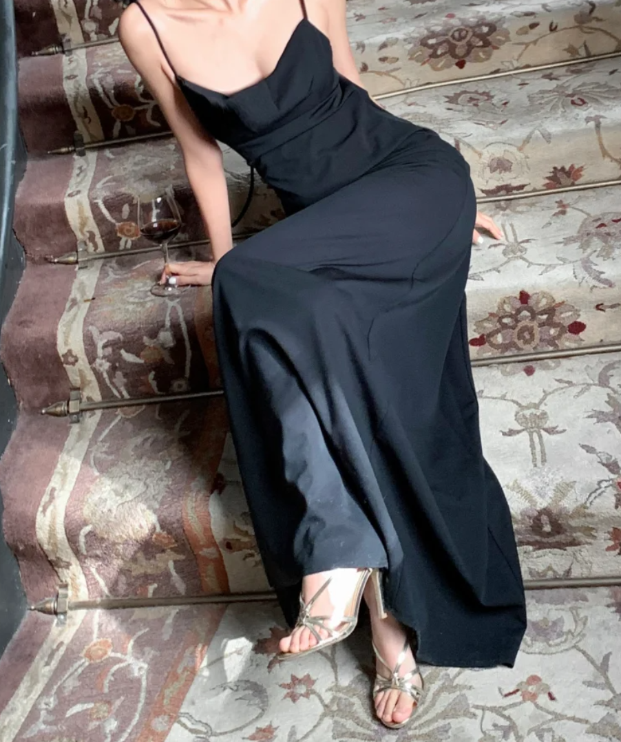 Chic Spaghetti Strap Black Prom Dress Backless Mermaid Formal Dress GG6968