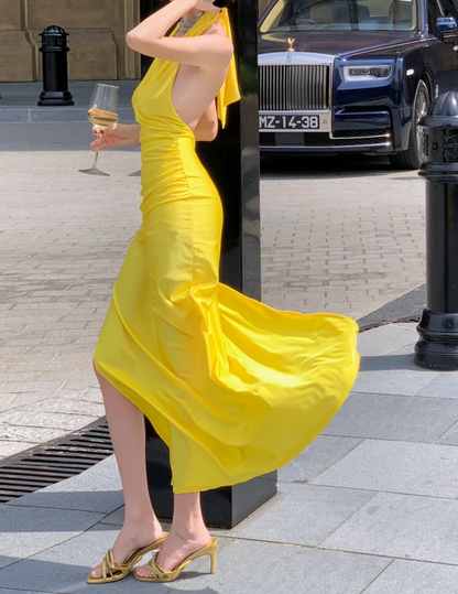 Vibrant Halter Neck Slit Prom Dress Yellow Backless Sheath Formal Dress GG6970