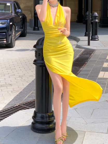 Vibrant Halter Neck Slit Prom Dress Yellow Backless Sheath Formal Dress GG6970