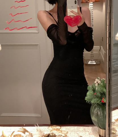 Chic Spaghetti Strap Black Prom Dress Long Sleeve Mermaid Formal Dress GG6972