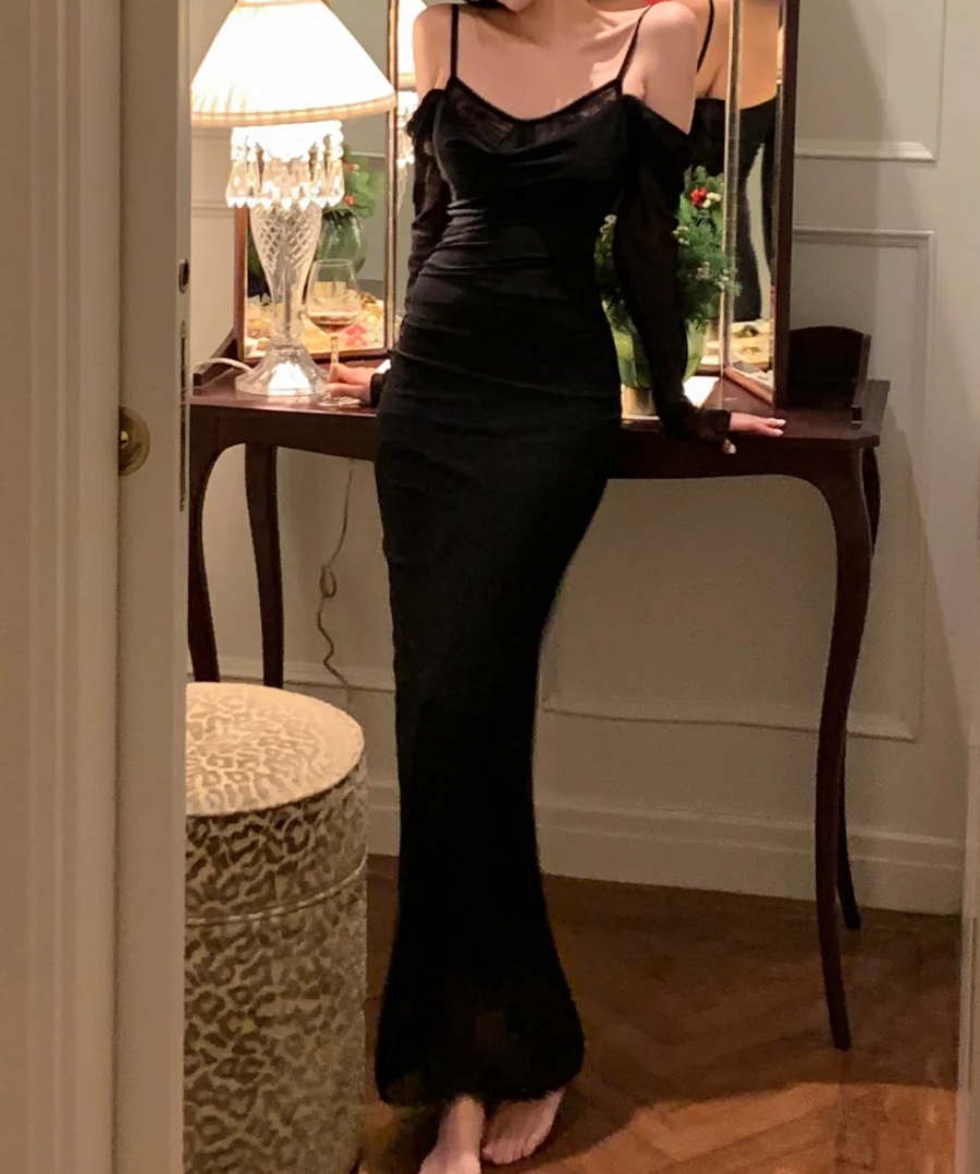 Chic Spaghetti Strap Black Prom Dress Long Sleeve Mermaid Formal Dress GG6972