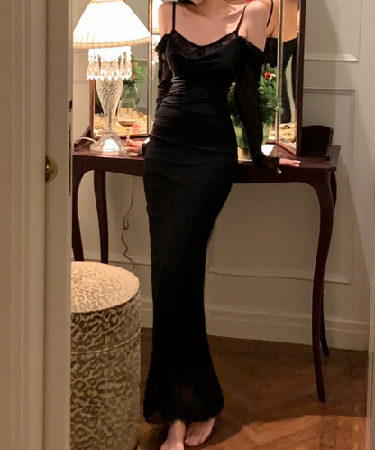 Chic Spaghetti Strap Black Prom Dress Long Sleeve Mermaid Formal Dress GG6972