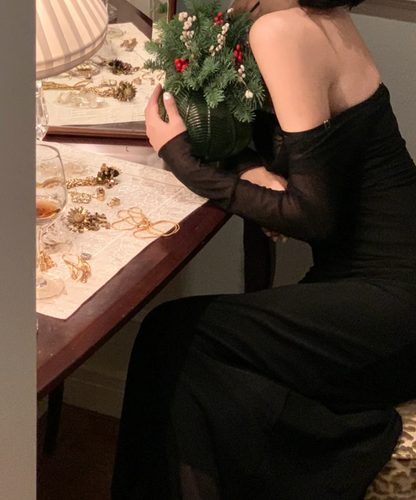 Chic Spaghetti Strap Black Prom Dress Long Sleeve Mermaid Formal Dress GG6972