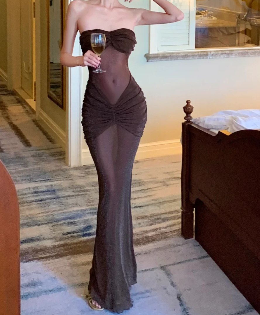 Elegant Strapless Sequins Prom Dress Brown Mermaid Formal Dress GG6973