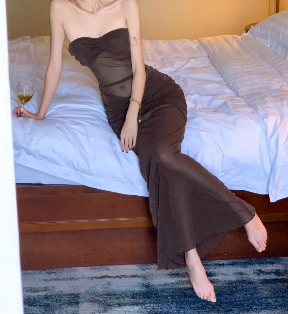 Elegant Strapless Sequins Prom Dress Brown Mermaid Formal Dress GG6973