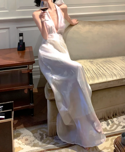 Glam Halter Neck Backless Prom Dress White Satin A-Line Formal Dress GG6974
