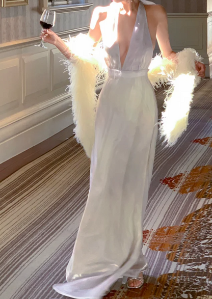 Glam Halter Neck Backless Prom Dress White Satin A-Line Formal Dress GG6974