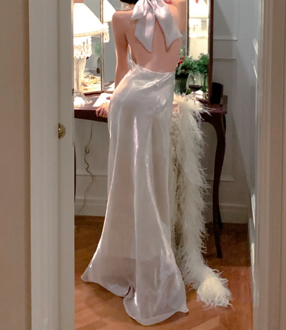 Glam Halter Neck Backless Prom Dress White Satin A-Line Formal Dress GG6974