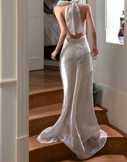 Glam Halter Neck Backless Prom Dress White Satin A-Line Formal Dress GG6974