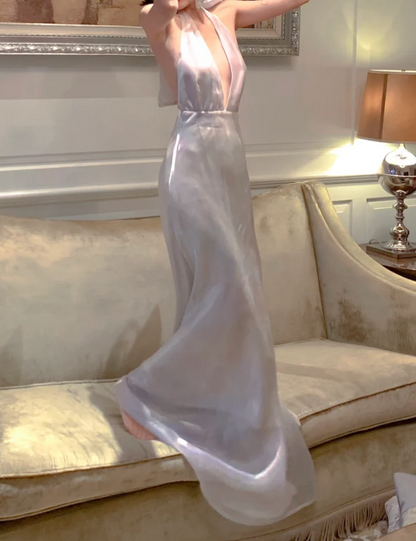 Glam Halter Neck Backless Prom Dress White Satin A-Line Formal Dress GG6974
