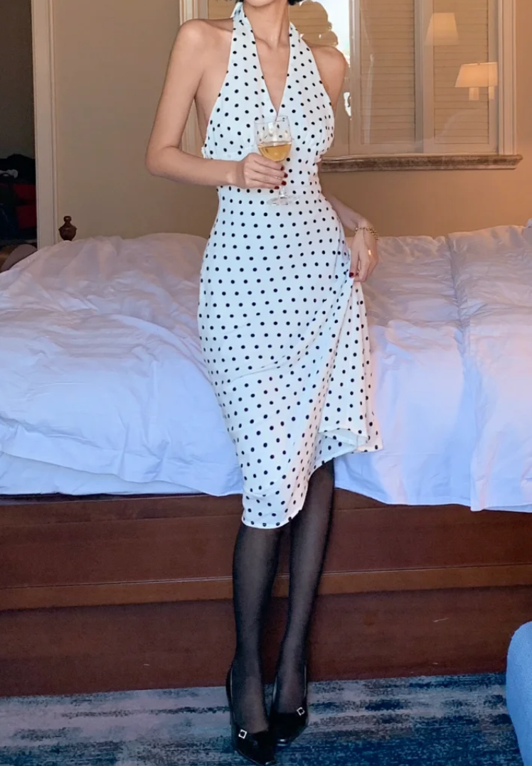 Adorable Halter Neck Homecoming Dress Polka Dots Sheath Birthday Dress GG6975