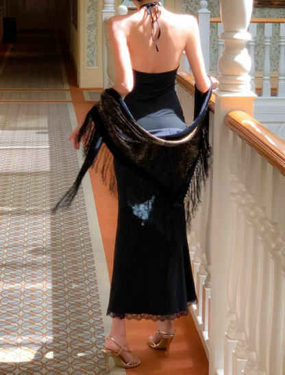 Playful Halter Neck Lace Prom Dress Black Mermaid Formal Dress GG6976