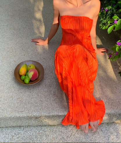 Trendy Strapless Orange Prom Dress Pleated Mermaid Formal Dress GG6977