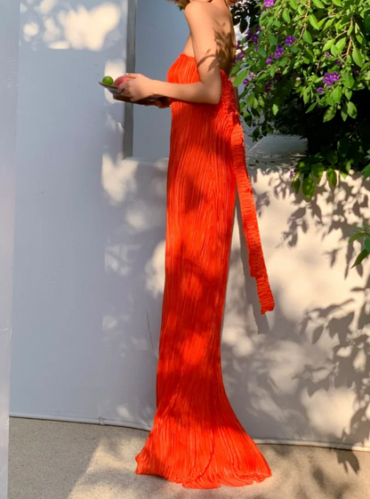 Trendy Strapless Orange Prom Dress Pleated Mermaid Formal Dress GG6977