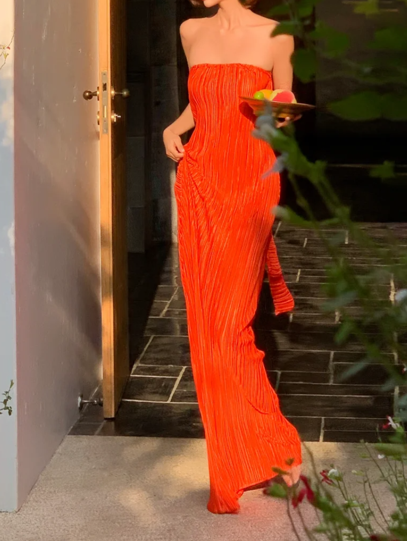 Trendy Strapless Orange Prom Dress Pleated Mermaid Formal Dress GG6977