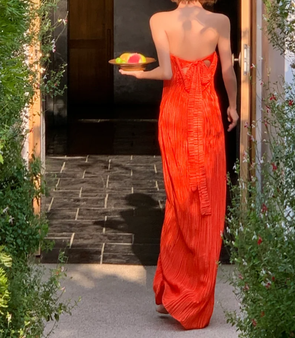 Trendy Strapless Orange Prom Dress Pleated Mermaid Formal Dress GG6977