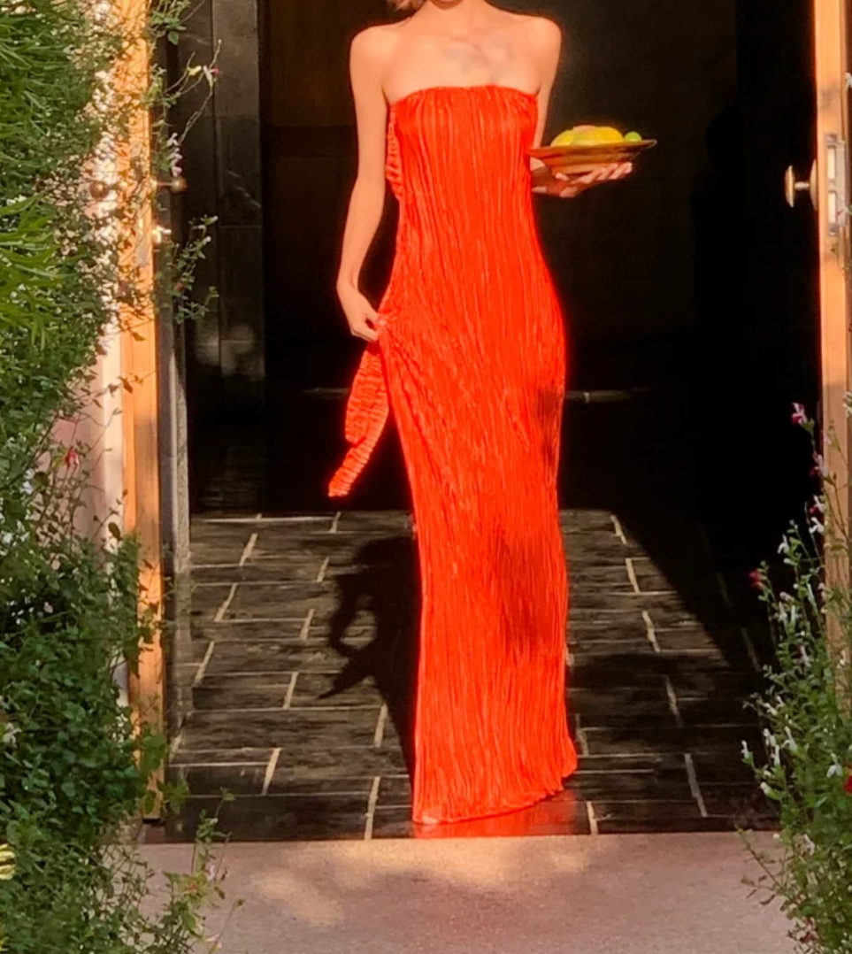 Trendy Strapless Orange Prom Dress Pleated Mermaid Formal Dress GG6977