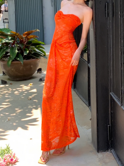Classical Strapless Orange Prom Dress Lace Mermaid Formal Dress GG6978