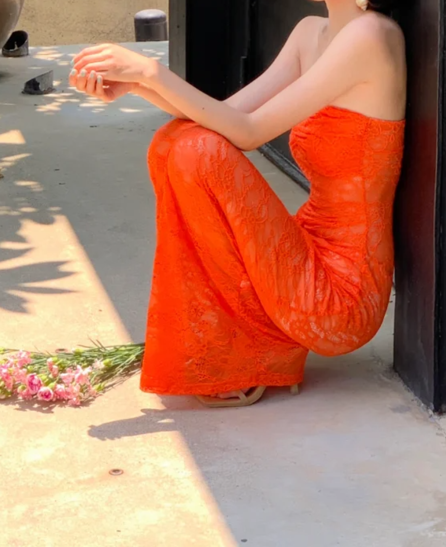 Classical Strapless Orange Prom Dress Lace Mermaid Formal Dress GG6978