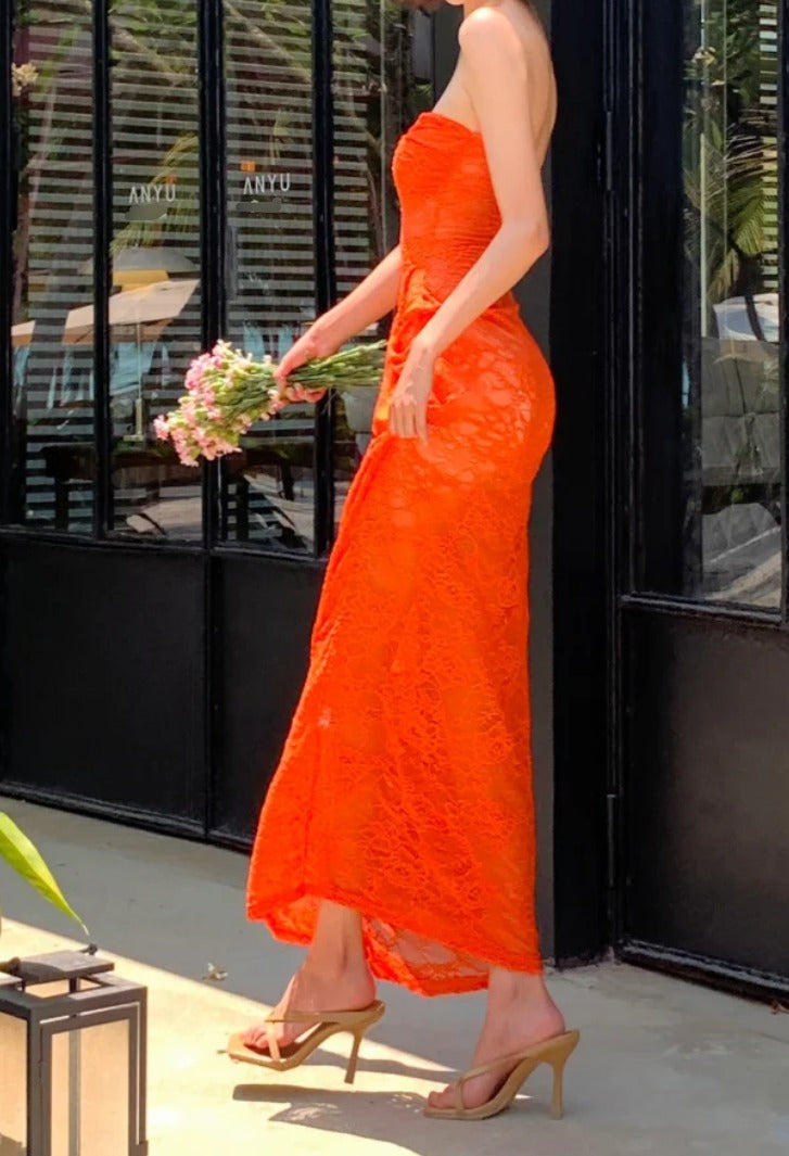 Classical Strapless Orange Prom Dress Lace Mermaid Formal Dress GG6978