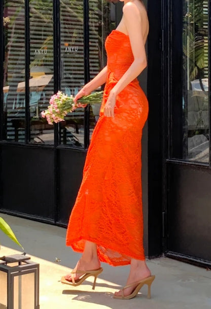 Classical Strapless Orange Prom Dress Lace Mermaid Formal Dress GG6978