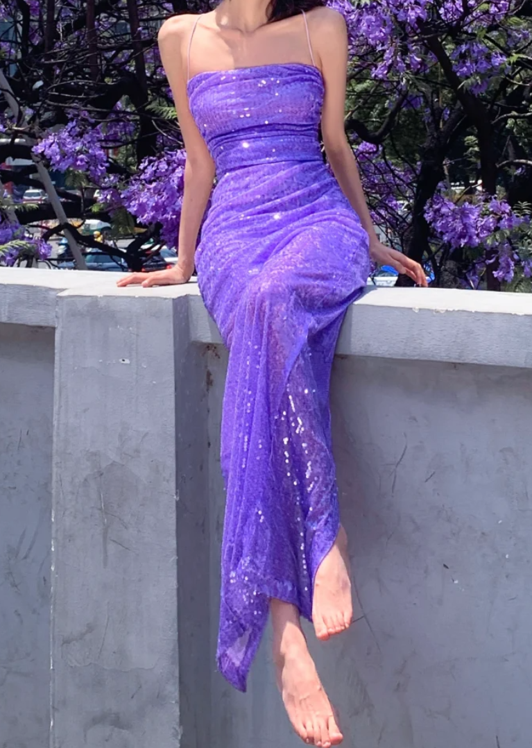 Ornate Spaghetti Strap Prom Dress Purple Sequins Mermaid Formal Dress GG6980