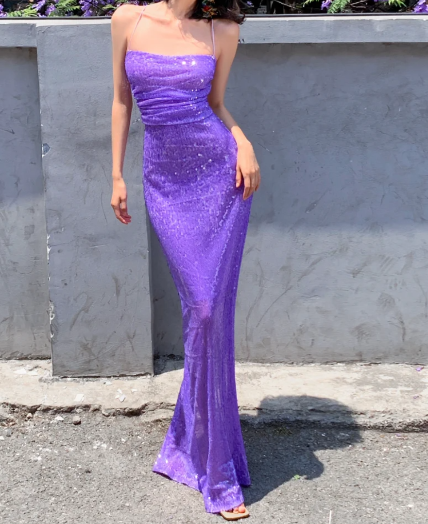 Ornate Spaghetti Strap Prom Dress Purple Sequins Mermaid Formal Dress GG6980