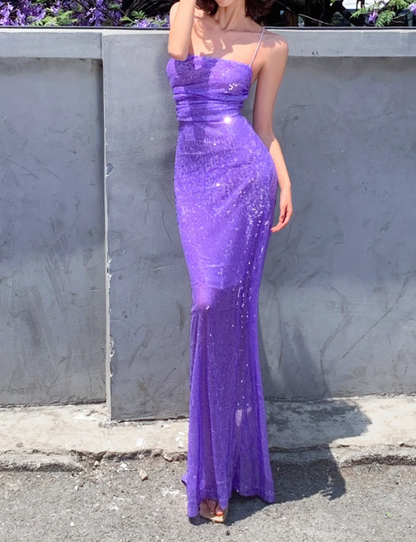 Ornate Spaghetti Strap Prom Dress Purple Sequins Mermaid Formal Dress GG6980