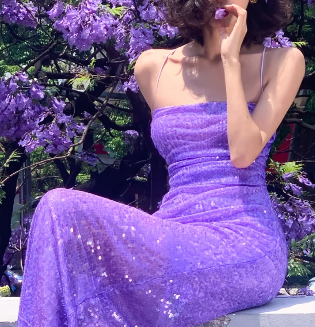 Ornate Spaghetti Strap Prom Dress Purple Sequins Mermaid Formal Dress GG6980