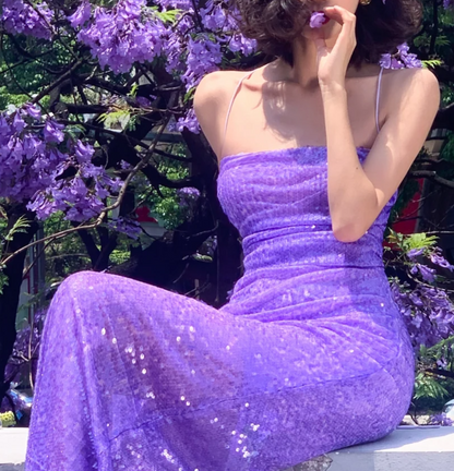 Ornate Spaghetti Strap Prom Dress Purple Sequins Mermaid Formal Dress GG6980