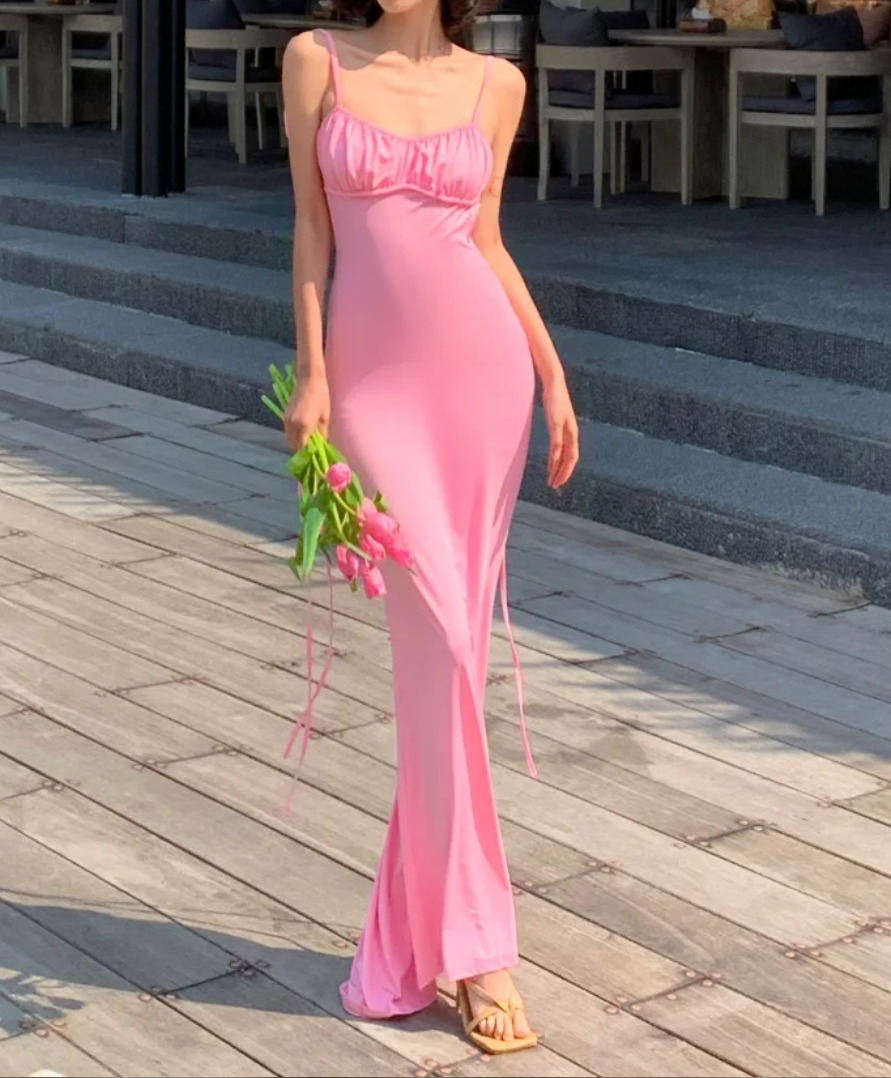 Y2K Halter Neck Prom Dress Pink Backless Mermaid Formal Dress GG6981