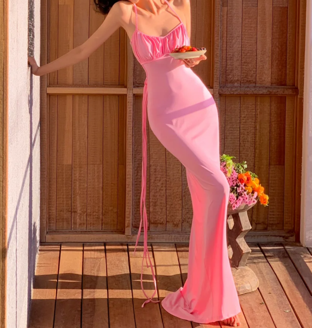 Y2K Halter Neck Prom Dress Pink Backless Mermaid Formal Dress GG6981
