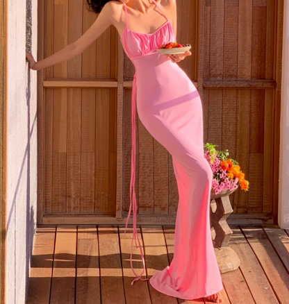 Y2K Halter Neck Prom Dress Pink Backless Mermaid Formal Dress GG6981