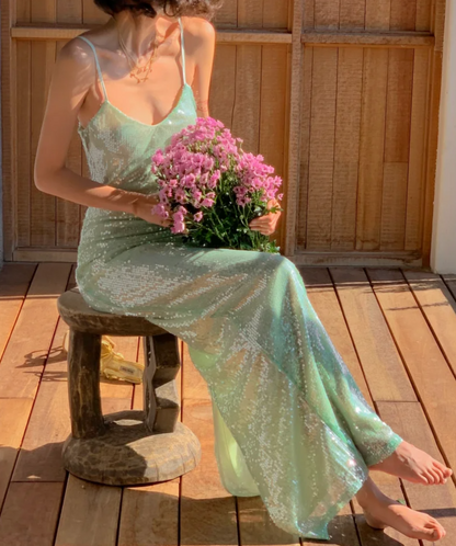Sparkling Spaghetti Strap Prom Dress Green Sequins Mermaid Formal Dress GG6983