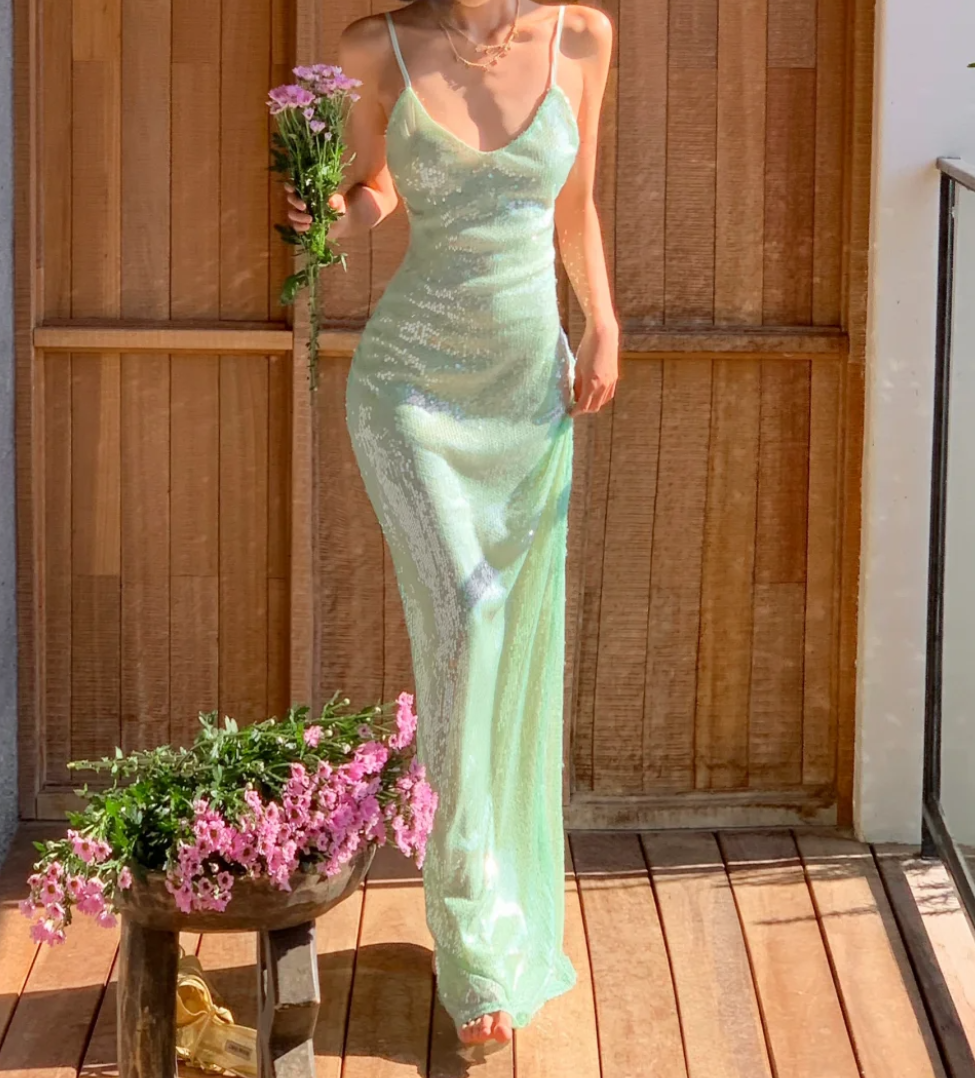 Sparkling Spaghetti Strap Prom Dress Green Sequins Mermaid Formal Dress GG6983
