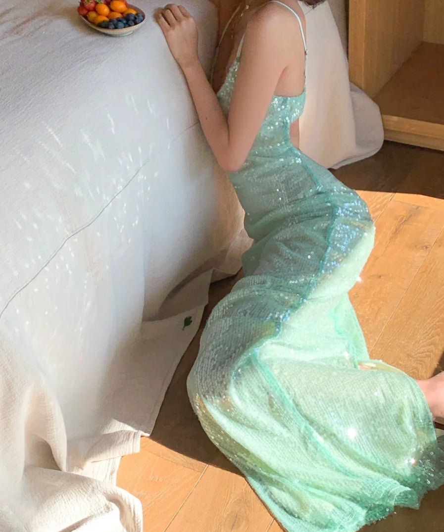 Sparkling Spaghetti Strap Prom Dress Green Sequins Mermaid Formal Dress GG6983
