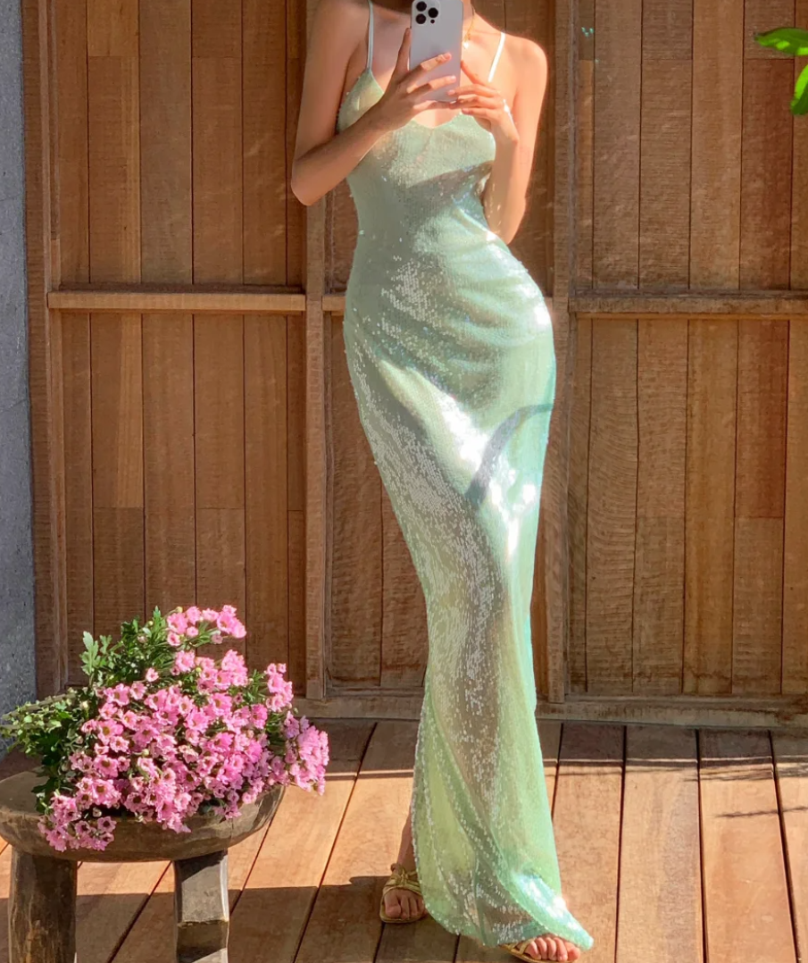 Sparkling Spaghetti Strap Prom Dress Green Sequins Mermaid Formal Dress GG6983