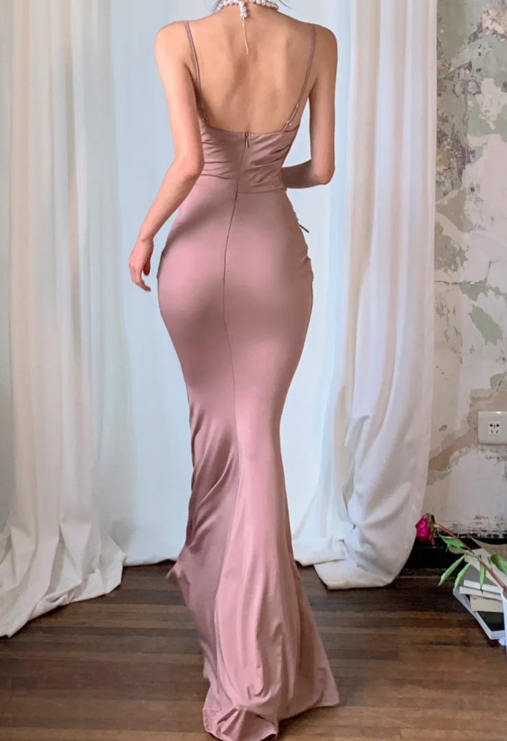 Vintage Spaghetti Strap Prom Dress Pink Mermaid Formal Dress GG6984