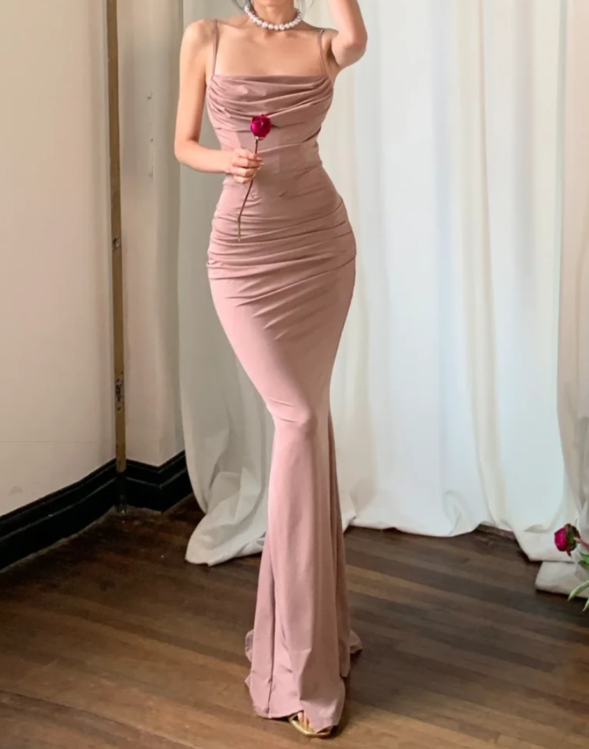 Vintage Spaghetti Strap Prom Dress Pink Mermaid Formal Dress GG6984