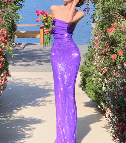 Alluring Spaghetti Strap Prom Dress Purple Sequins Mermaid Formal Dress GG6985
