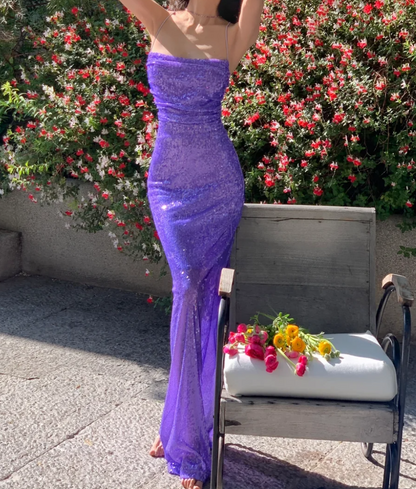 Alluring Spaghetti Strap Prom Dress Purple Sequins Mermaid Formal Dress GG6985