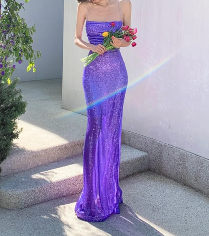 Alluring Spaghetti Strap Prom Dress Purple Sequins Mermaid Formal Dress GG6985