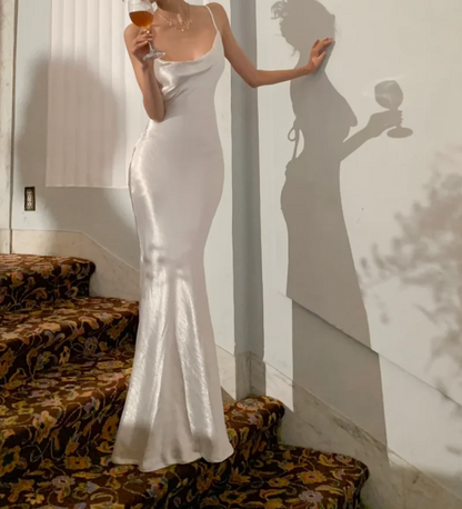 Graceful Spaghetti Strap Prom Dress White Satin Mermaid Formal Dress GG6986