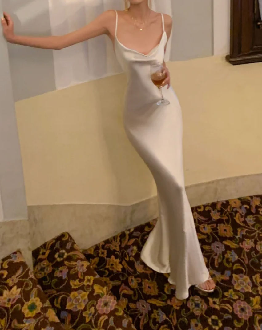 Graceful Spaghetti Strap Prom Dress White Satin Mermaid Formal Dress GG6986