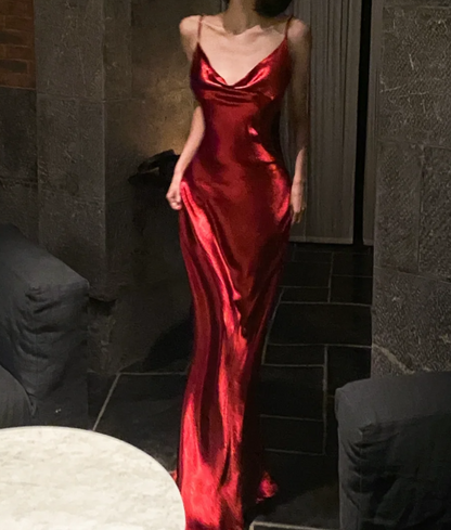 Sexy Spaghetti Strap Prom Dress Red Satin Mermaid Formal Dress GG6987
