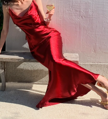 Sexy Spaghetti Strap Prom Dress Red Satin Mermaid Formal Dress GG6987