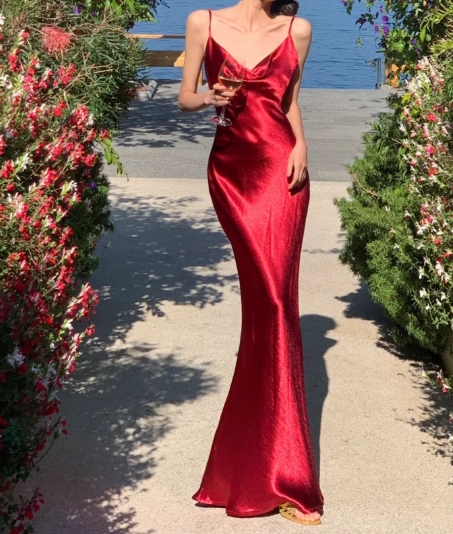 Sexy Spaghetti Strap Prom Dress Red Satin Mermaid Formal Dress GG6987