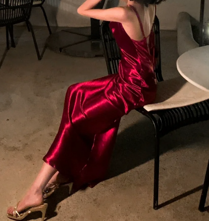 Sexy Spaghetti Strap Prom Dress Red Satin Mermaid Formal Dress GG6987