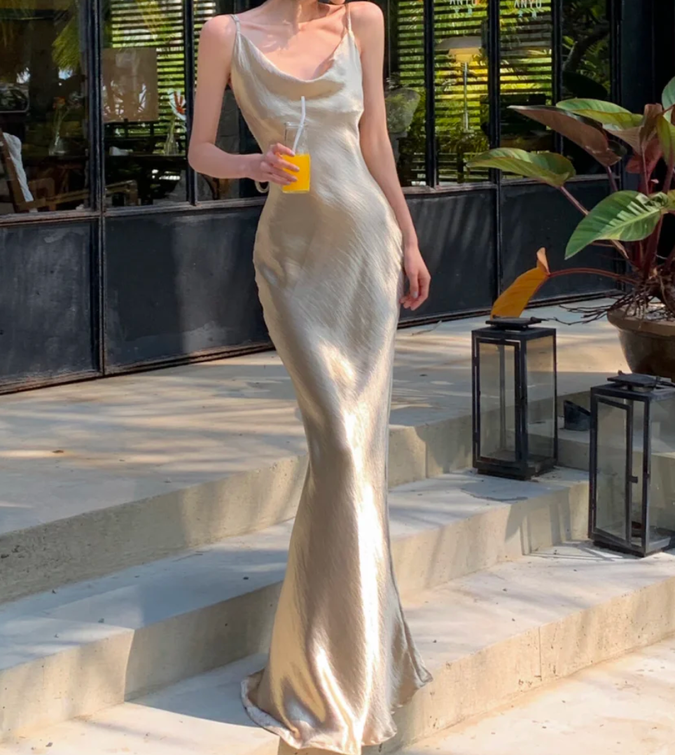 Attractive Spaghetti Strap Prom Dress Champagne Satin Mermaid Formal Dress GG6988