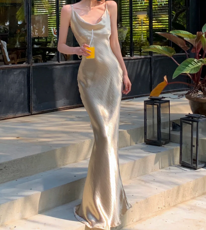 Attractive Spaghetti Strap Prom Dress Champagne Satin Mermaid Formal Dress GG6988